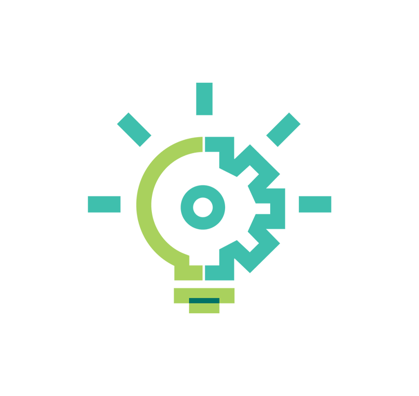 AACSB Innovations That Inspire icon--half lightbulb and half gear outline in light teal and bright green